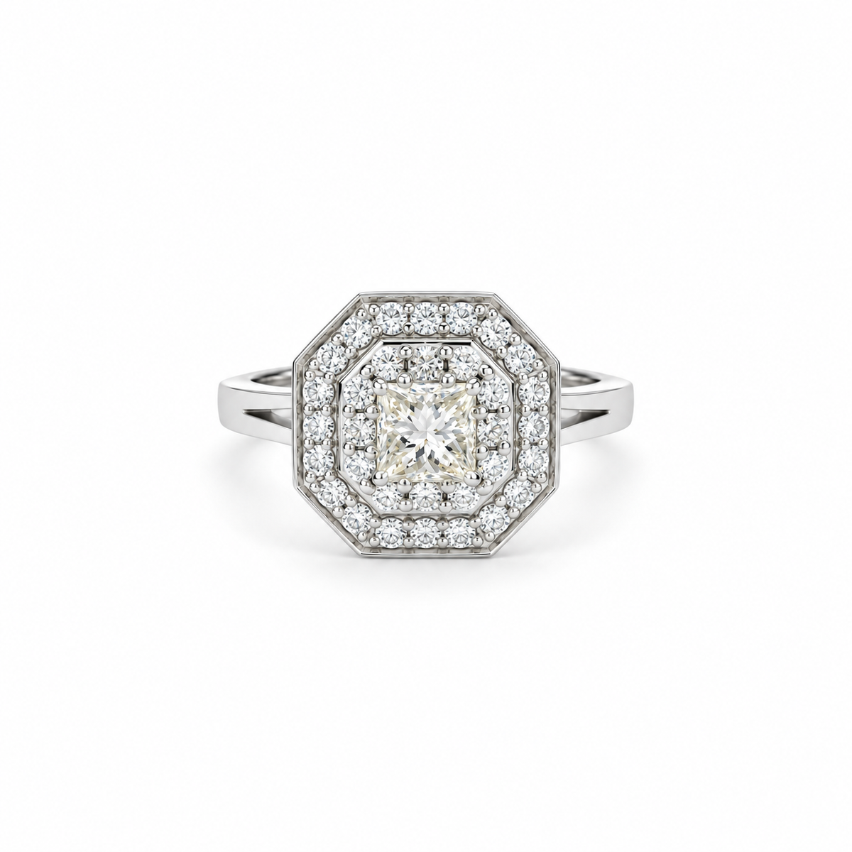 Octagonal Double-Halo Diamond Ring