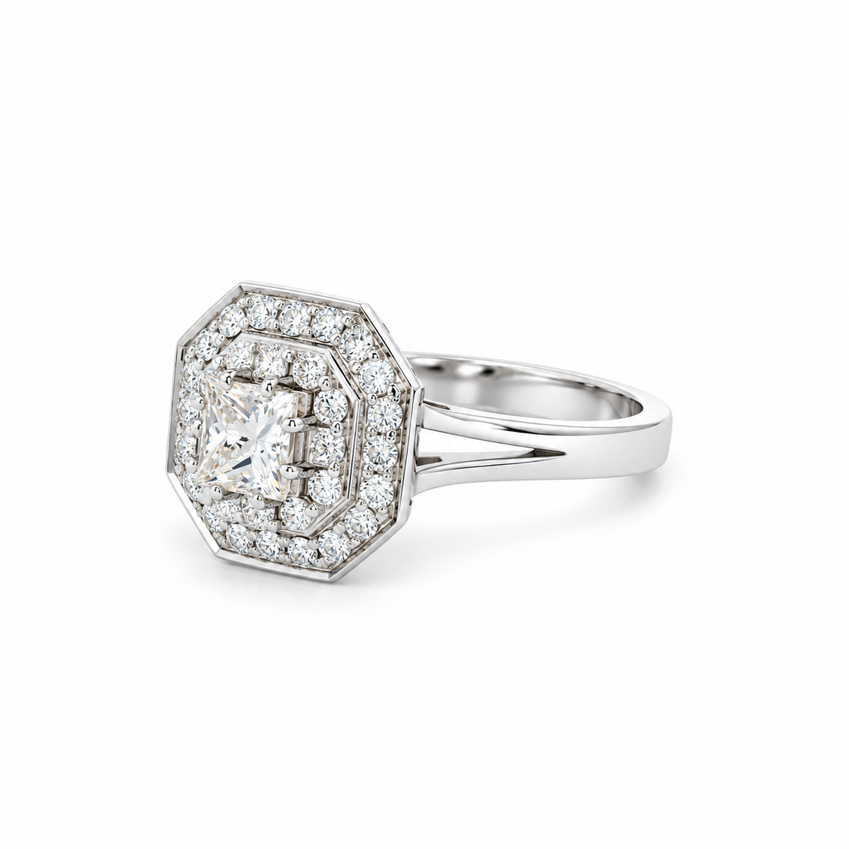 Octagonal Double-Halo Diamond Ring
