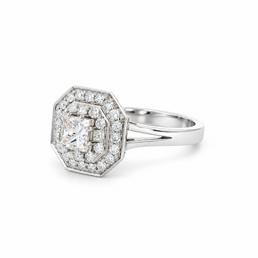 Octagonal Double-Halo Diamond Ring