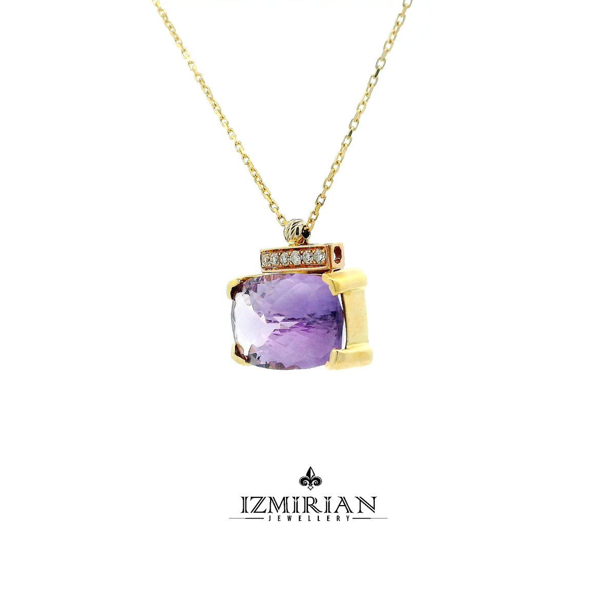 Angled view of amethyst gemstone pendant with diamond detail