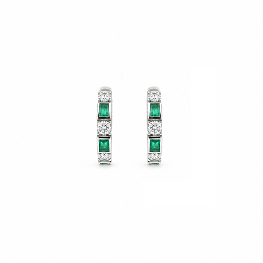 Emerald Huggie Diamond Hoop Earrings