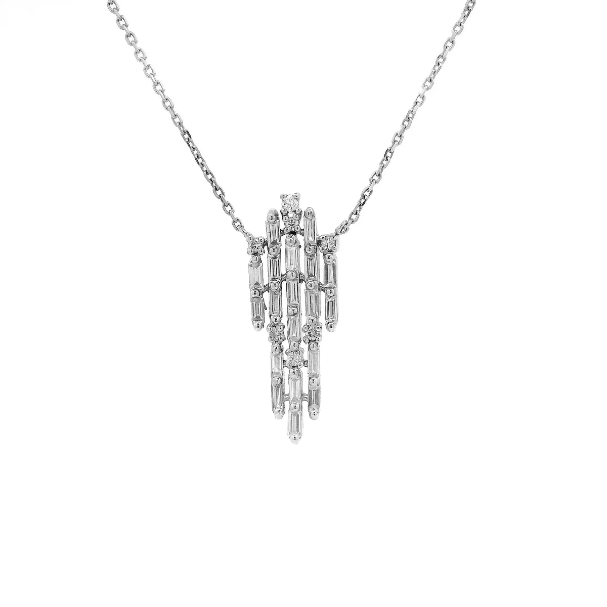 White gold pendant with cascading baguette and round diamond design