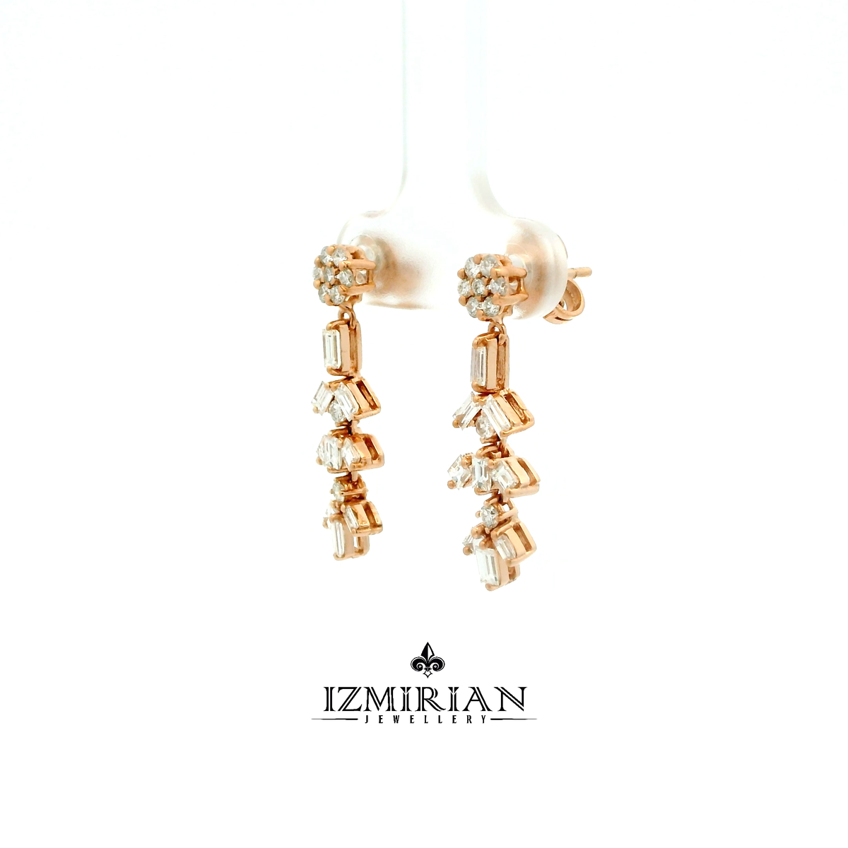 Angled view of rose gold diamond cascade earrings