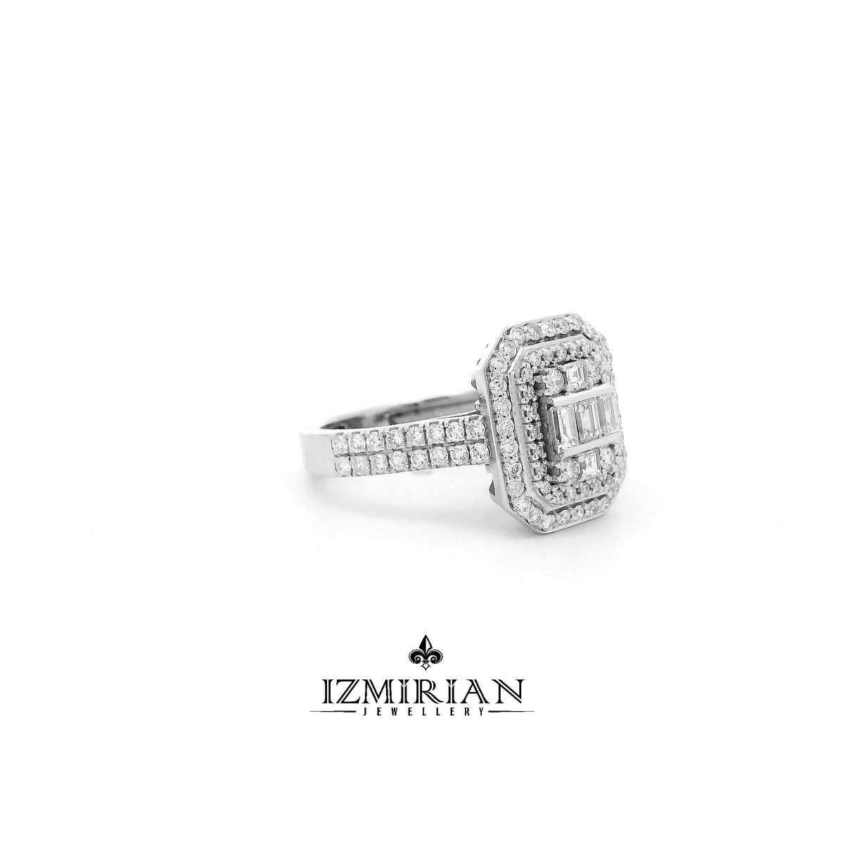 Side view of white gold ring with baguette diamonds and halo setting