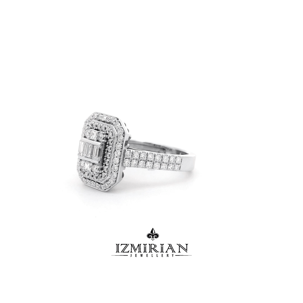 Angled view of baguette diamond ring with layered halo design