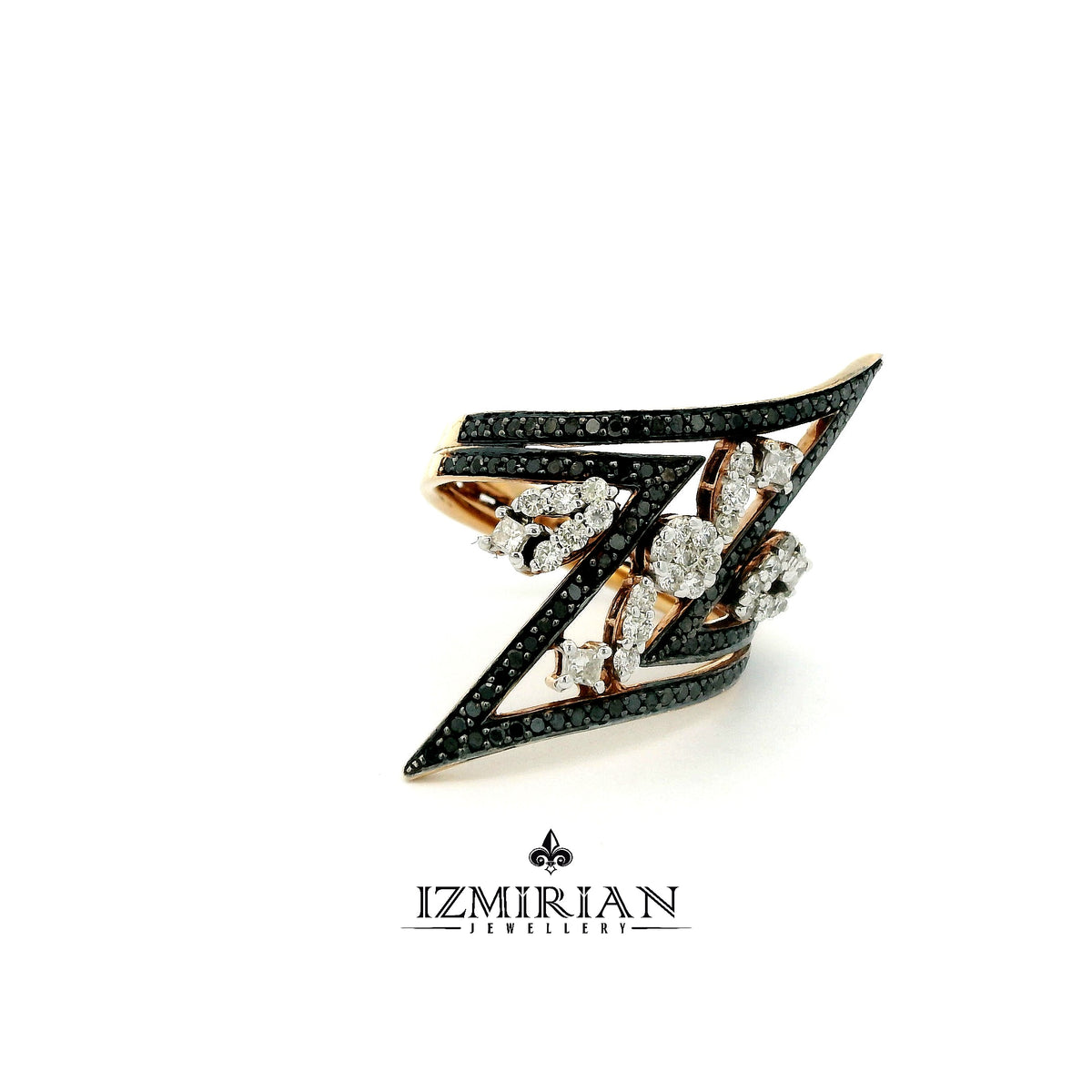 Side view of rose gold zigzag ring with black and white diamonds