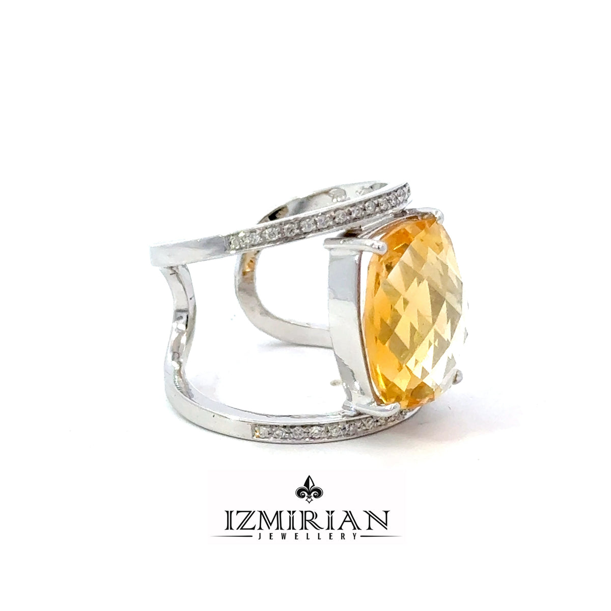 Side view of white gold open cuff ring with oval citrine