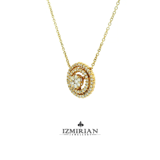 Angled view of round diamond double halo pendant in yellow gold