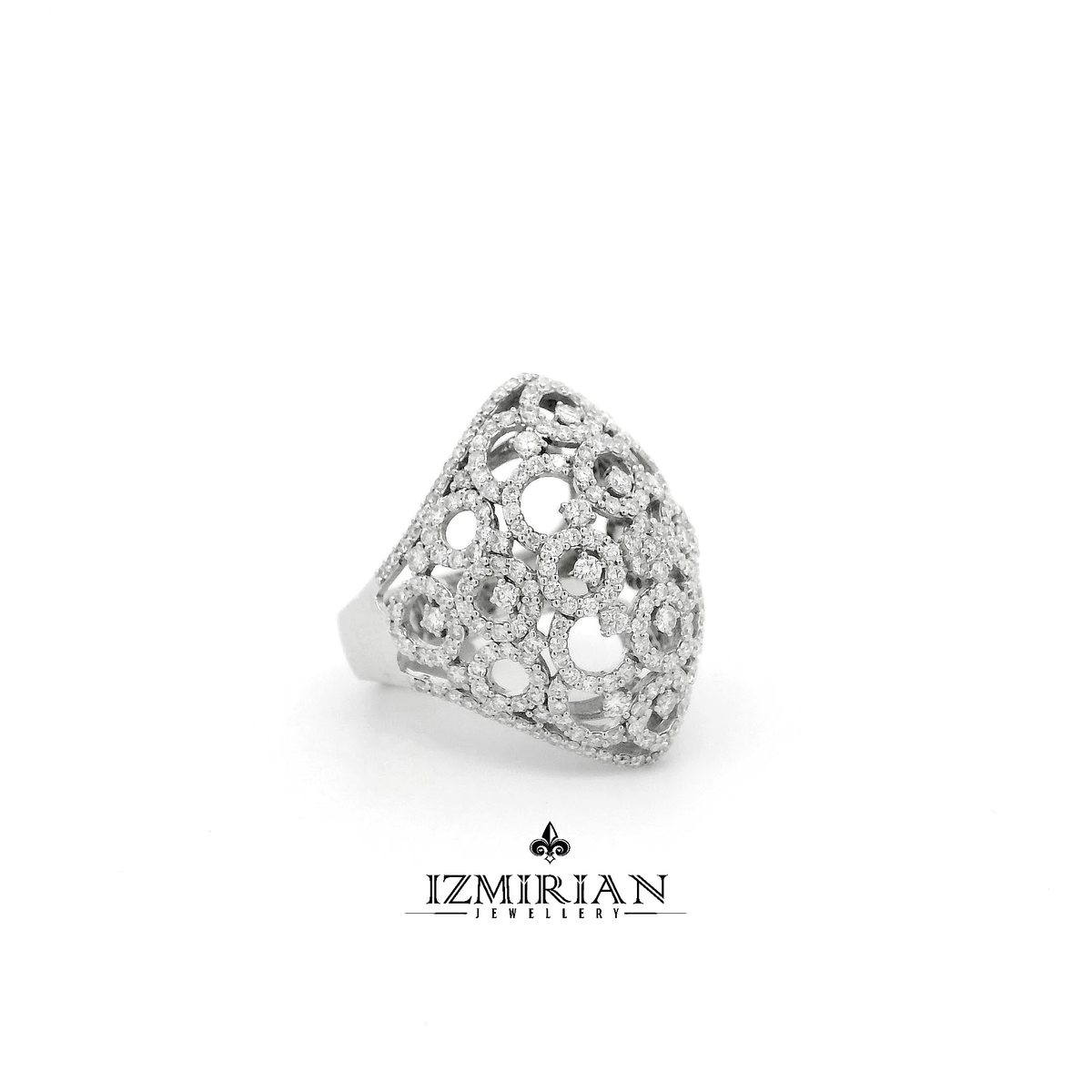 Side view of white gold diamond filigree dome ring