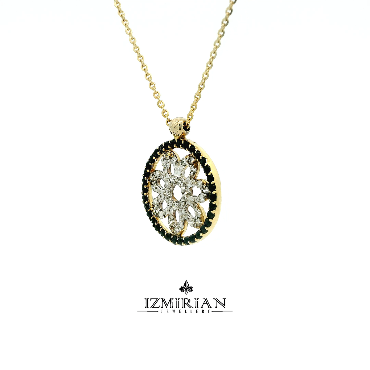 Angled view of diamond floral pendant with black diamond outer circle