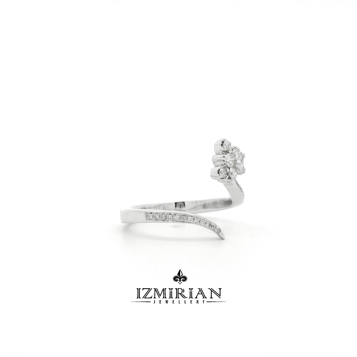 
Side view of white gold open band ring with diamond flower
