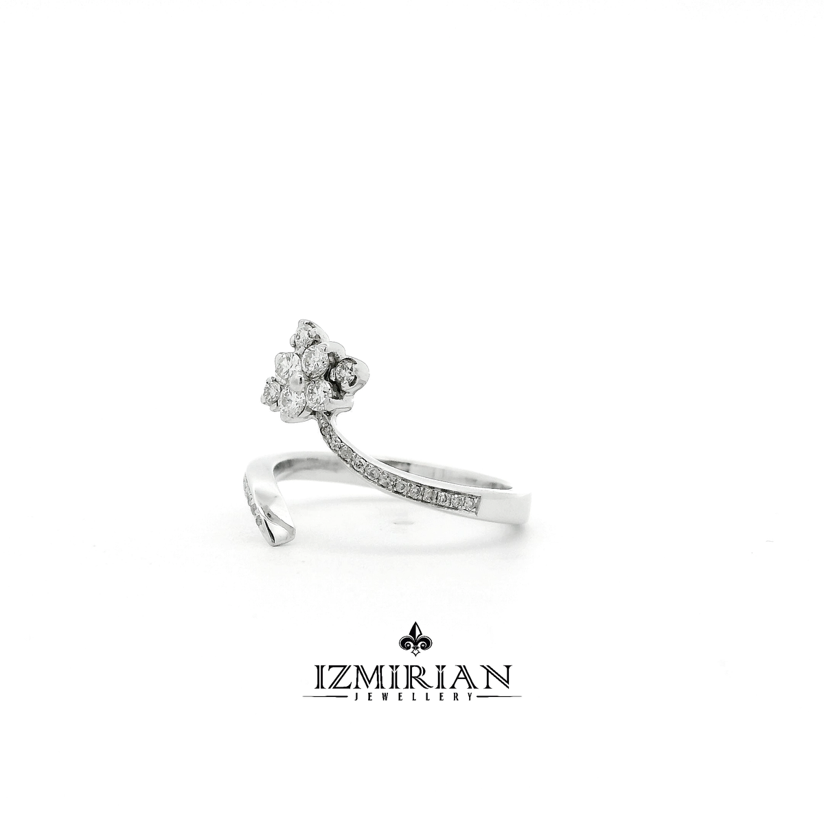 Angled view of diamond flower open ring in white gold
