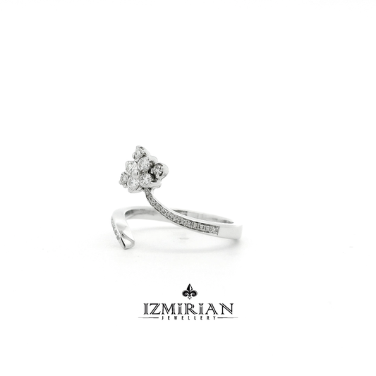 Angled view of diamond flower open ring in white gold