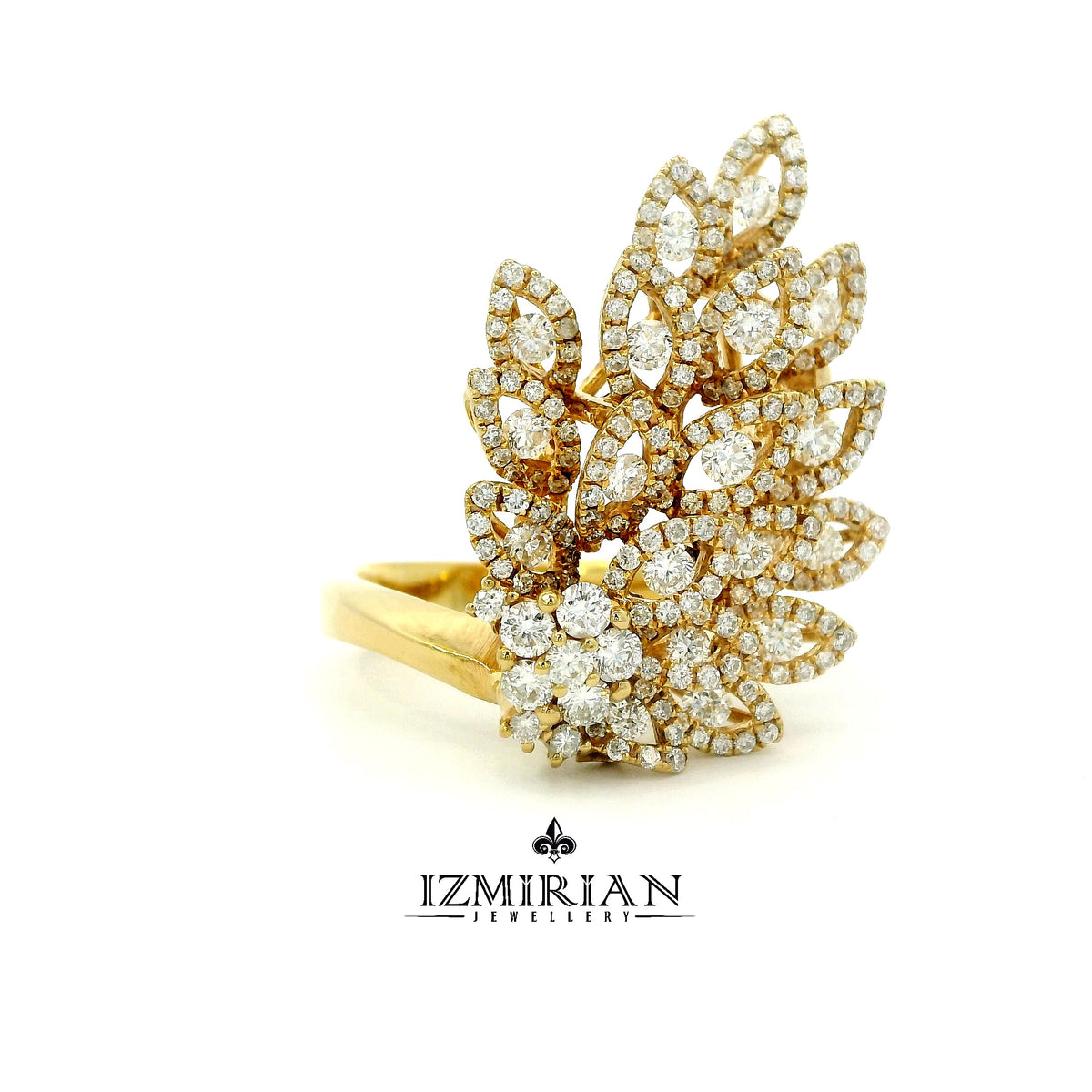 Side view of yellow gold diamond leaf cluster ring