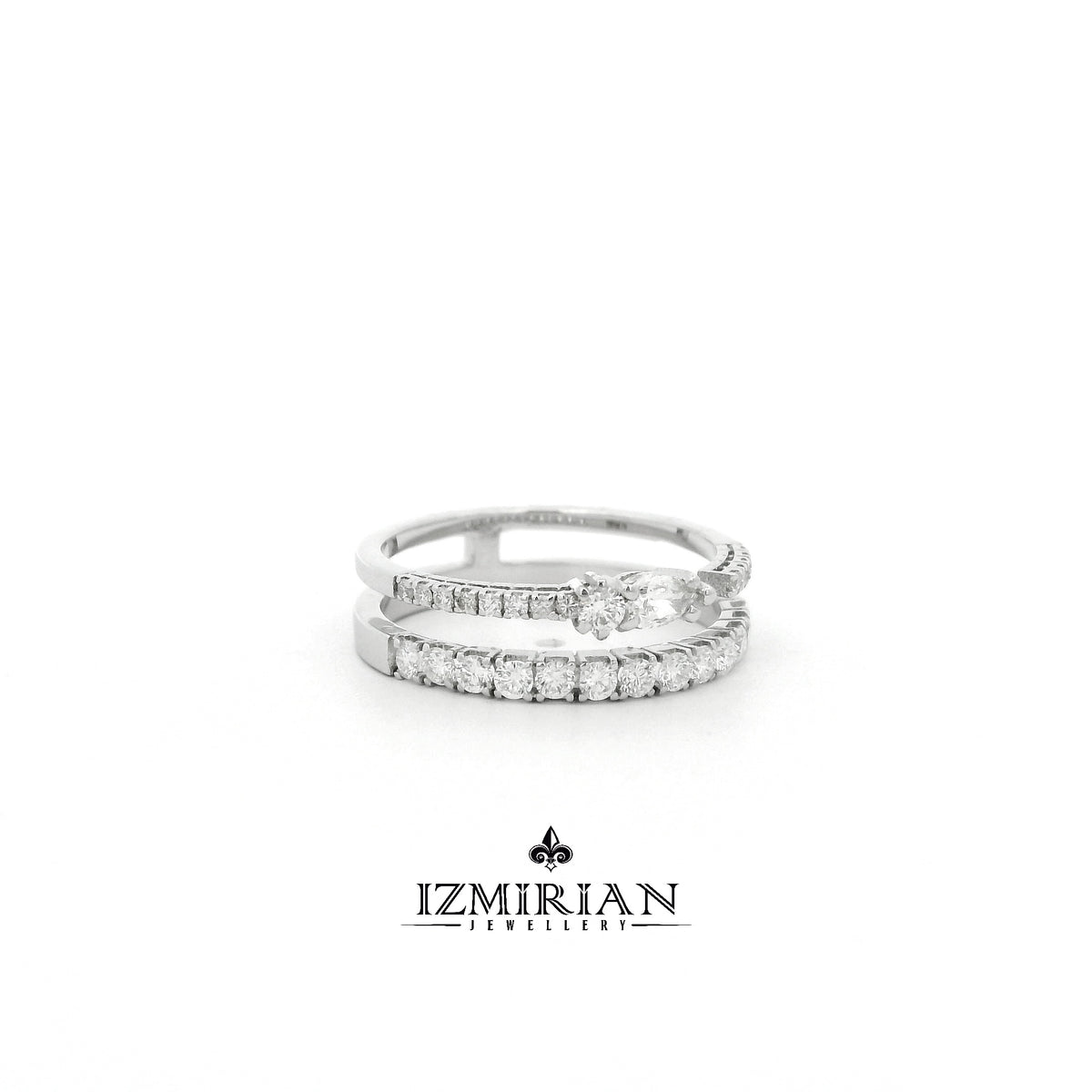 Side view of white gold open band ring with diamond detailing
