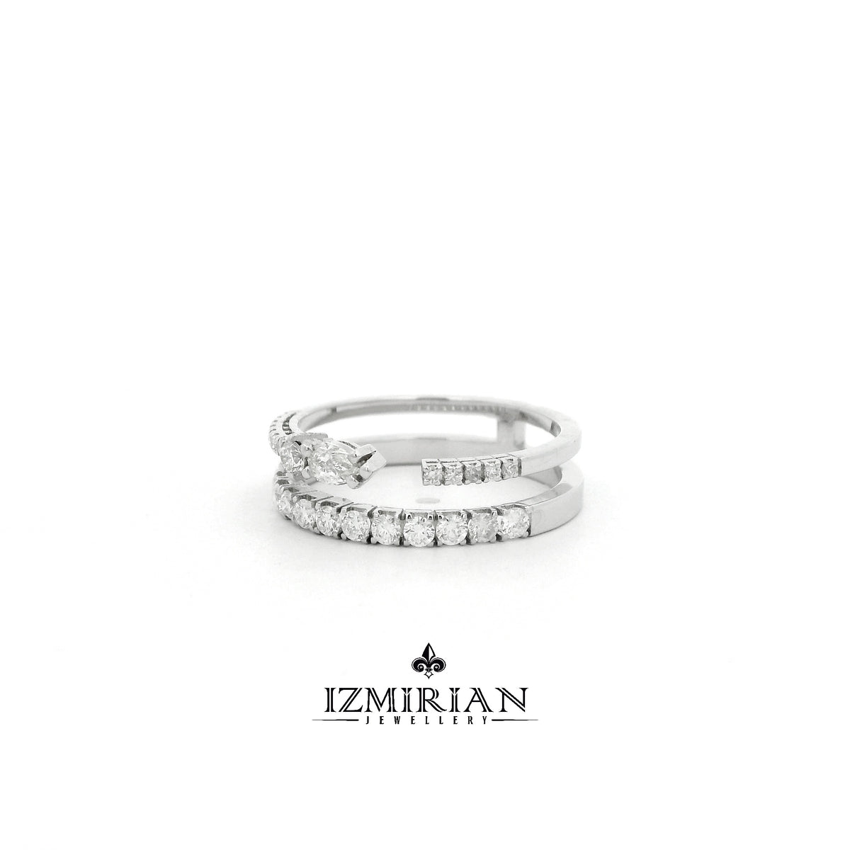 Angled view of open band diamond ring in white gold
