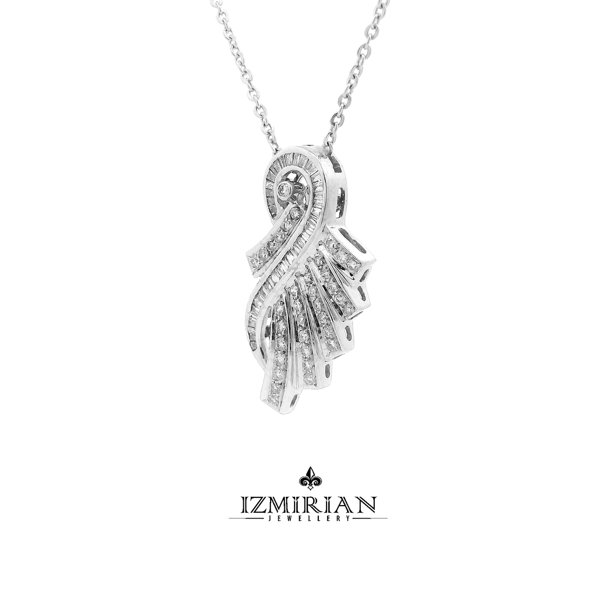 Angled view of flowing white gold ribbon pendant with diamonds