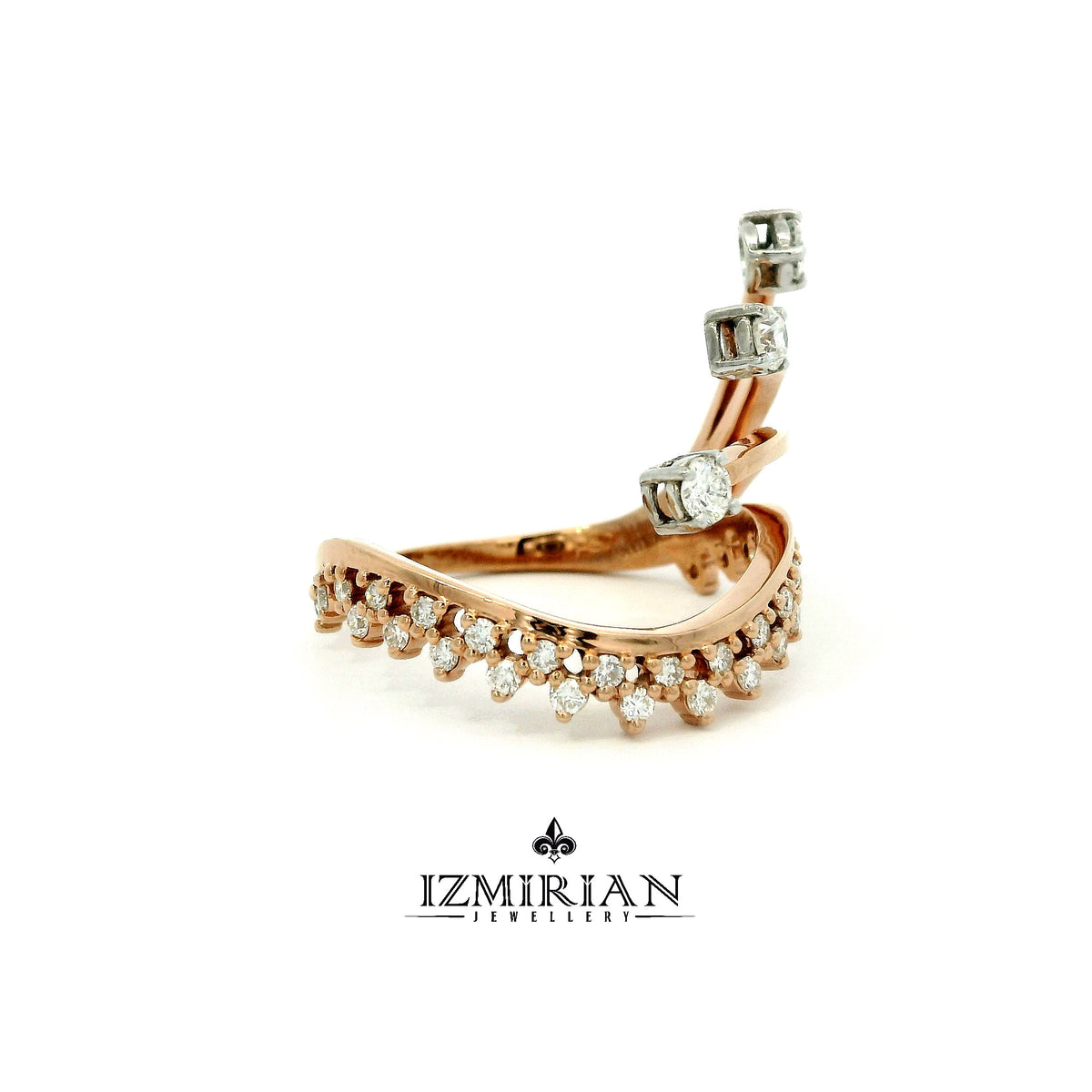 Side view of rose gold wrap ring with diamond tips