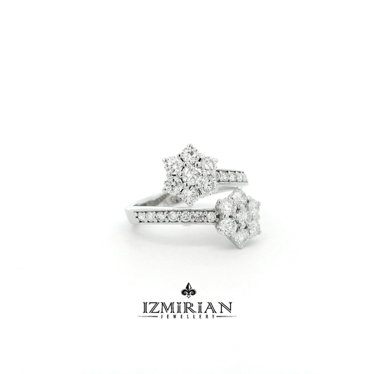 Side view of white gold open band ring with diamond flower clusters