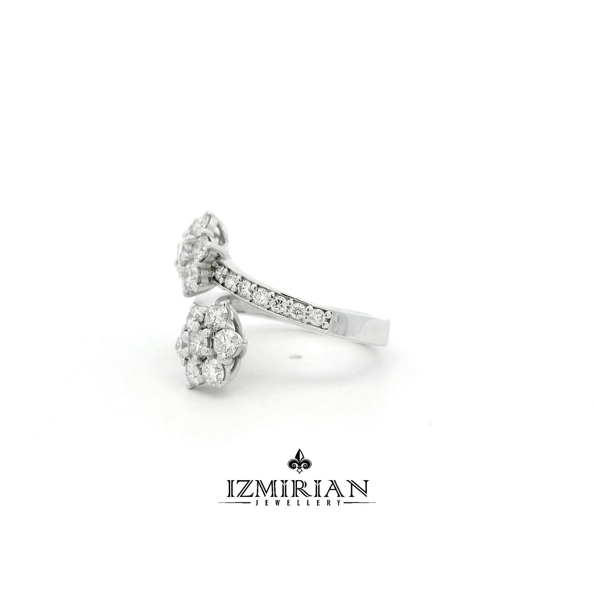 Angled view of open ring with two diamond flower settings