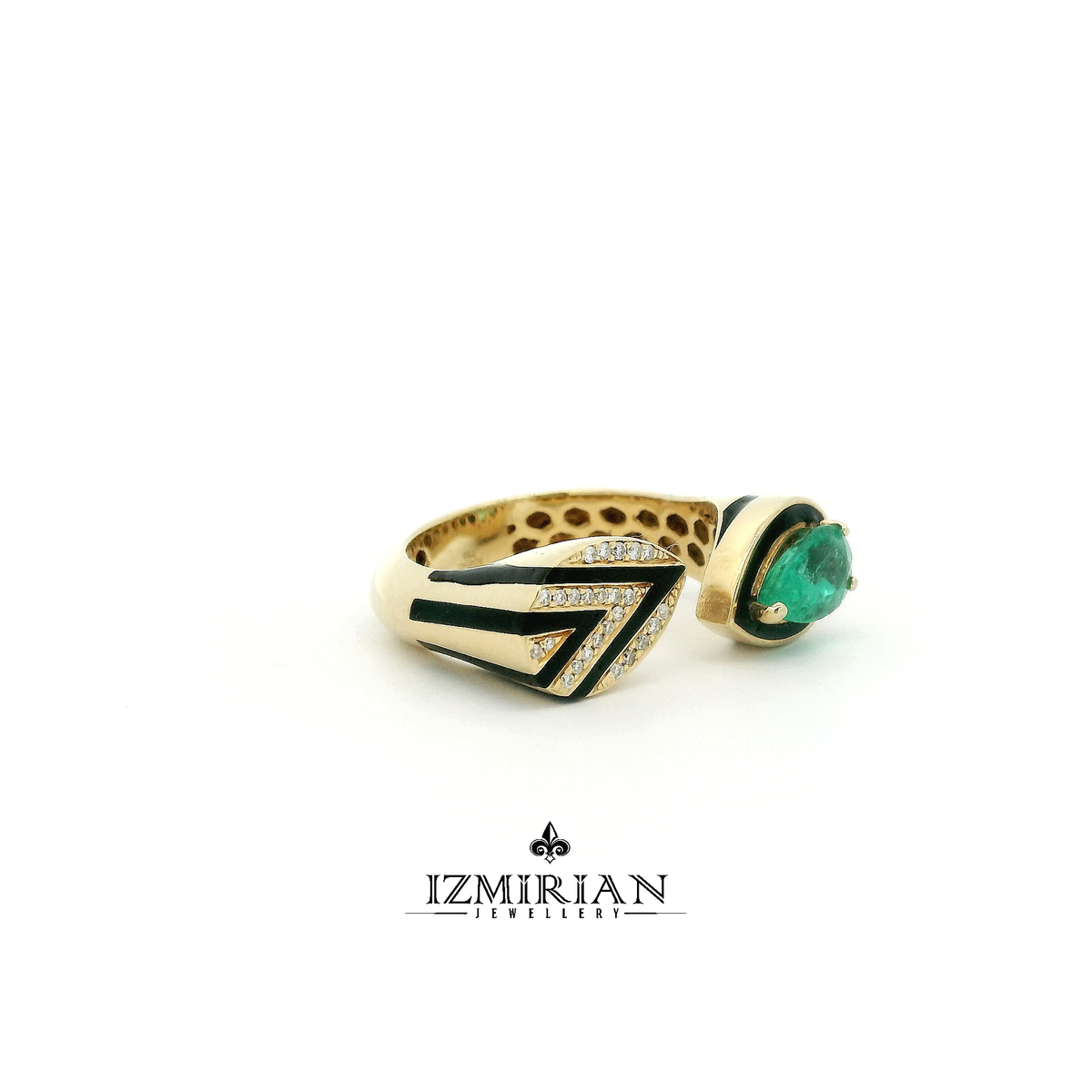 Side view of yellow gold open cuff ring with emerald and black enamel