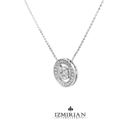 Angled view of circular diamond pendant with floating center cluster