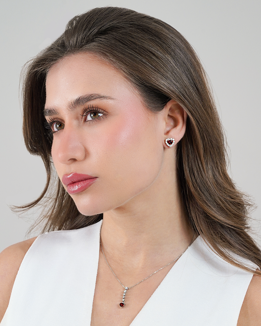 Heart Garnet Diamond Stud Earrings