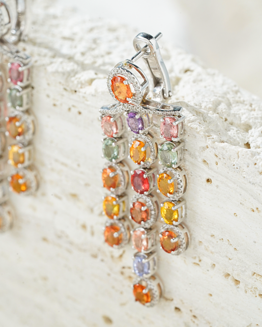 Multicolor Sapphire and Diamond Waterfall Earrings