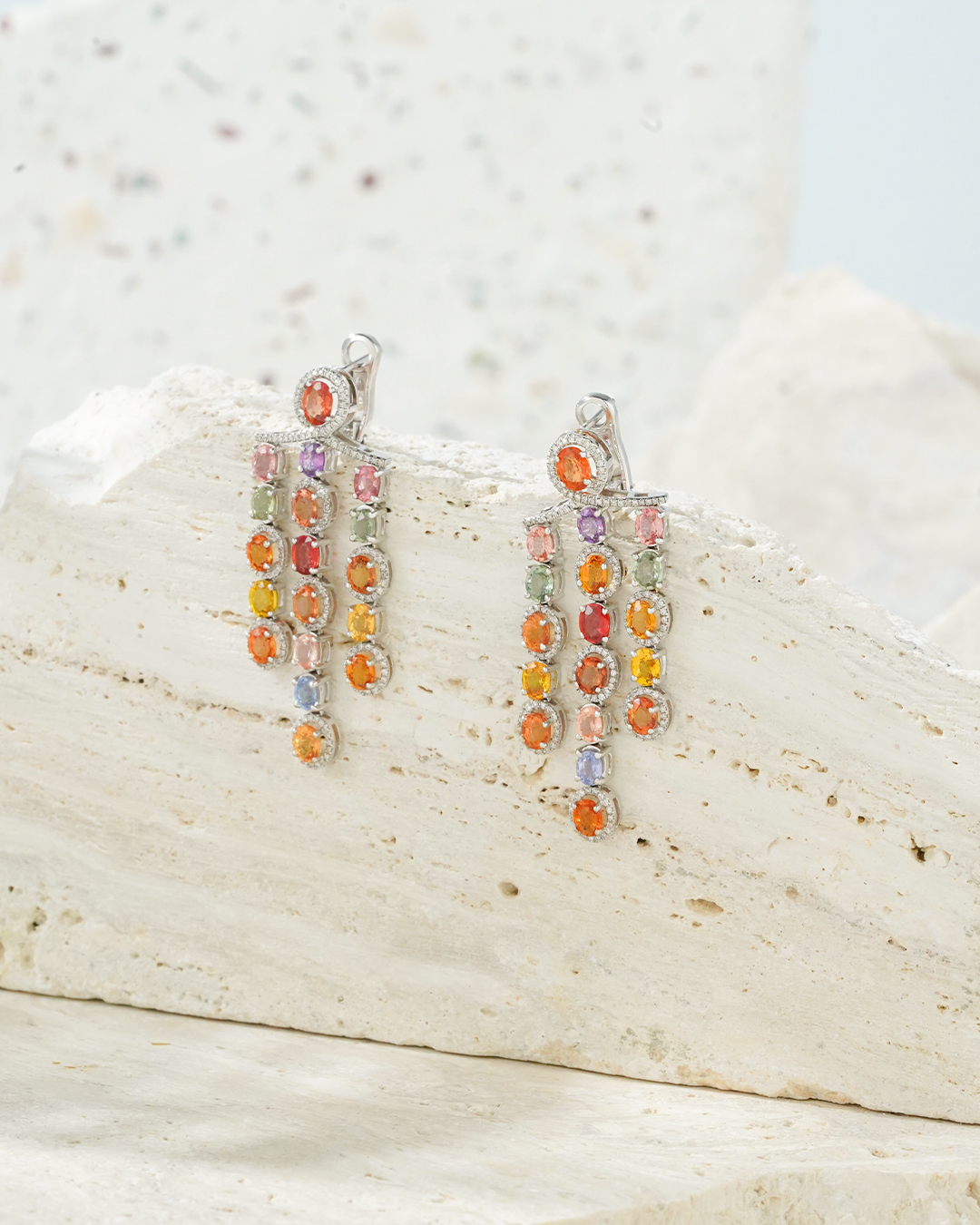 Multicolor Sapphire and Diamond Waterfall Earrings