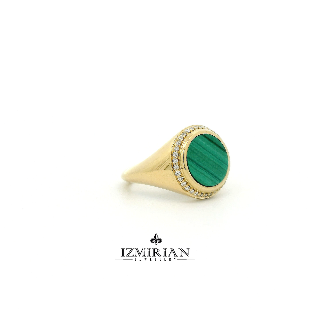 Side view of yellow gold malachite signet ring with diamond halo