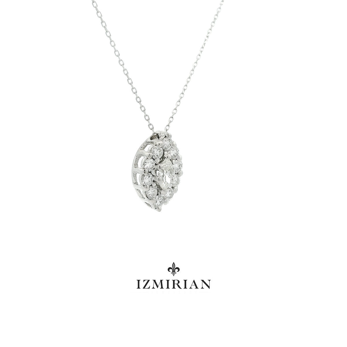 Side view of marquise diamond cluster pendant in white gold
