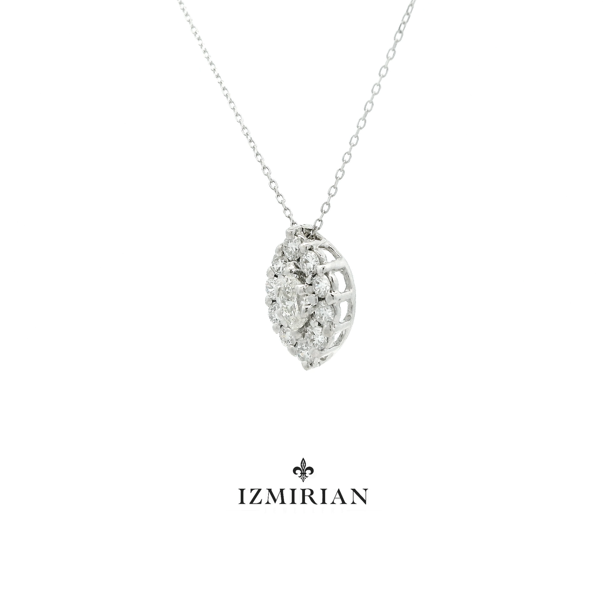 Angled view of white gold marquise diamond cluster pendant