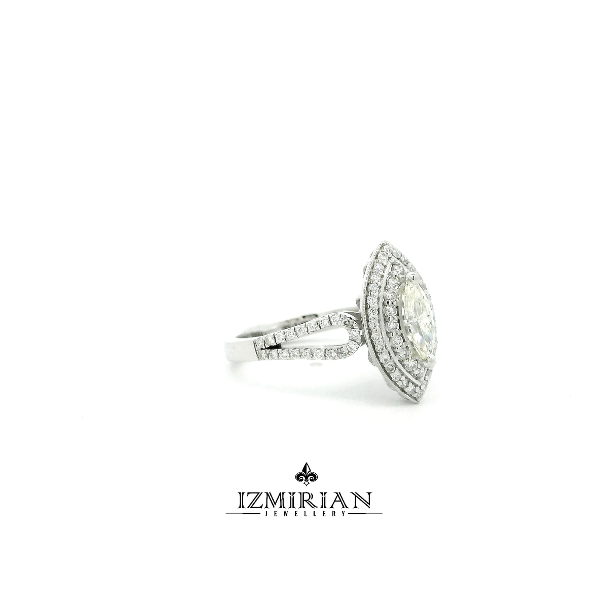 Side view of white gold ring with marquise diamond and double halo