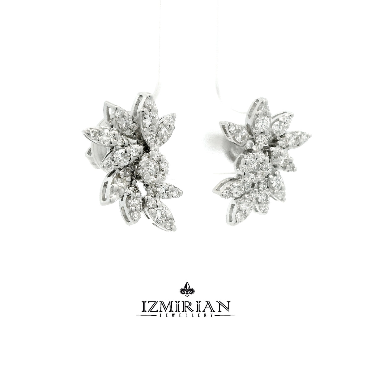 Side view of white gold marquise diamond floral stud earrings
