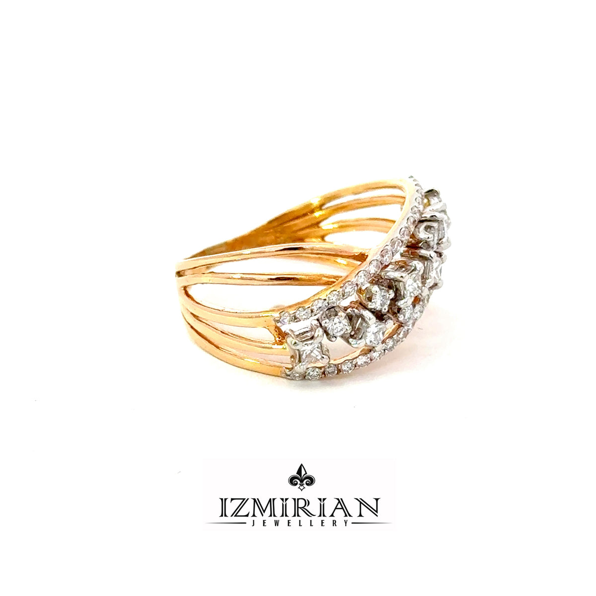 Side view of yellow gold wrap ring with layered diamond rows