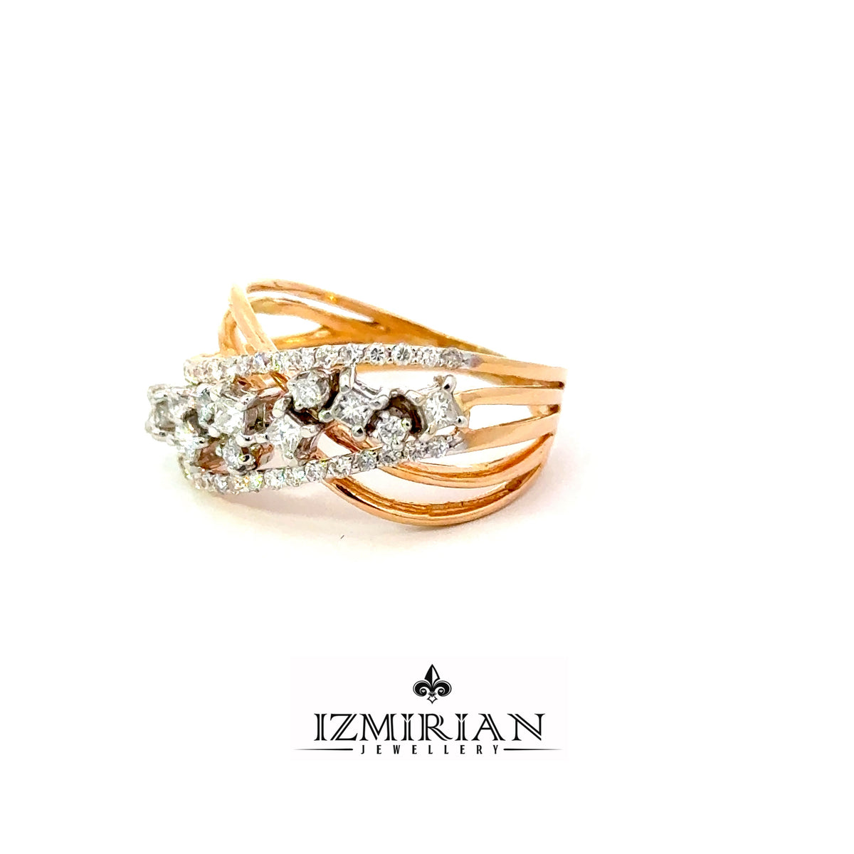 Angled view of multi-row diamond wrap ring in yellow gold