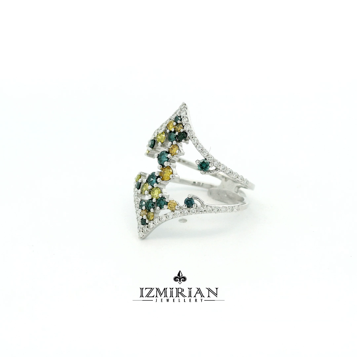 Angled view of multicolor diamond open cuff ring in white gold