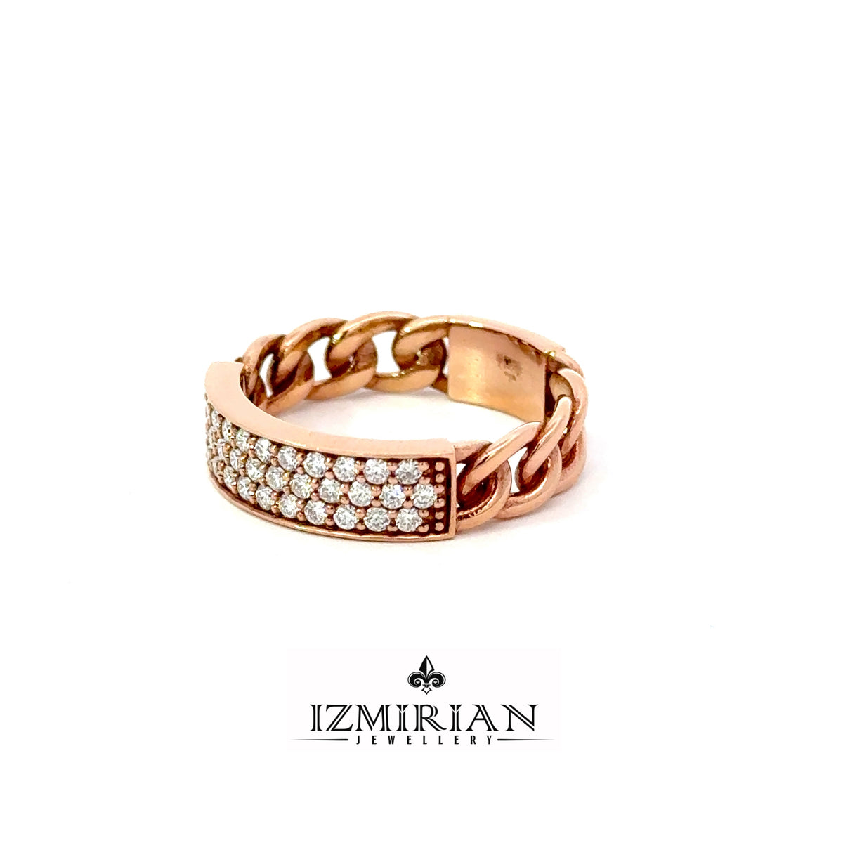 Back view of rose gold diamond ring with chain-link construction
