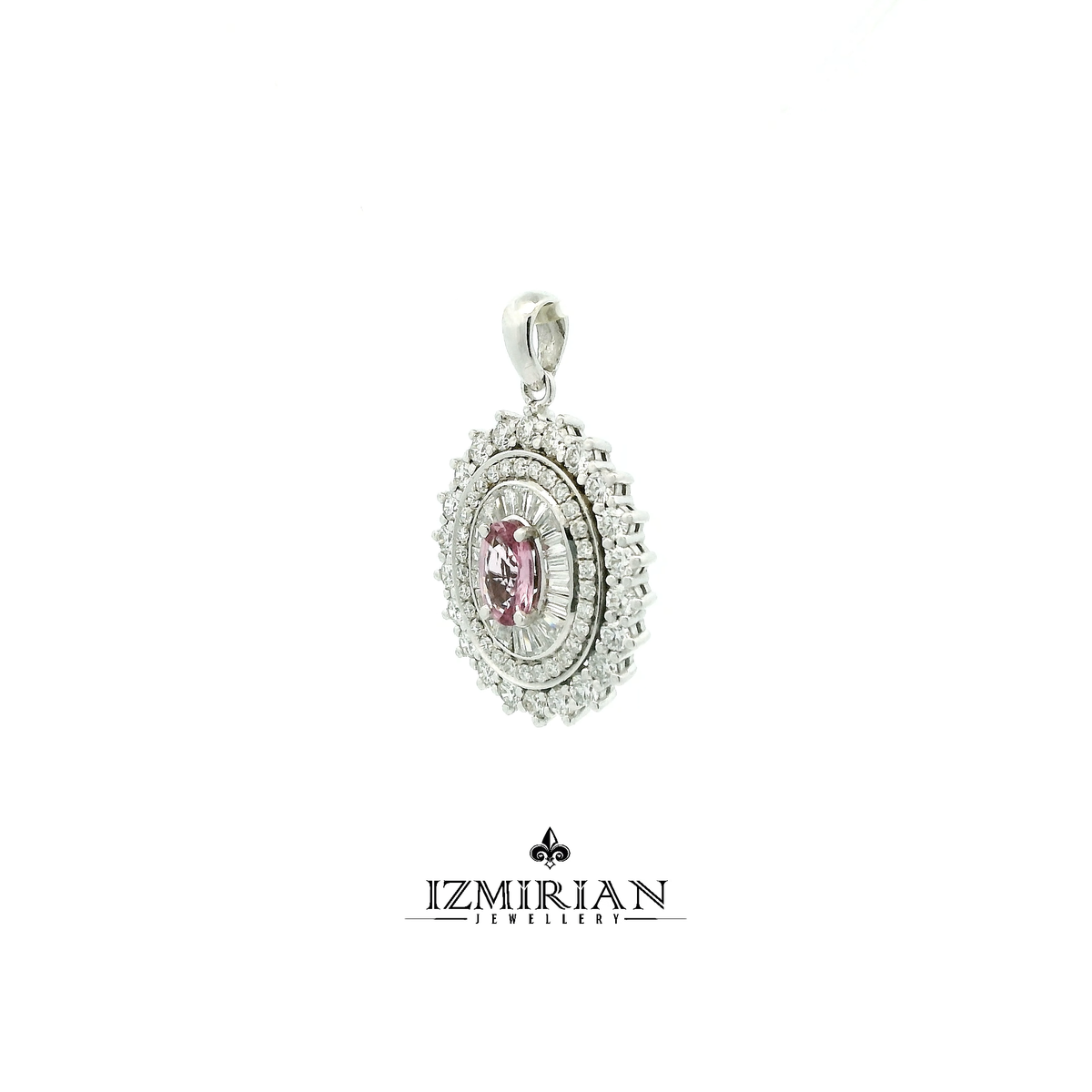 Angled view of oval pink sapphire pendant with layered diamond setting