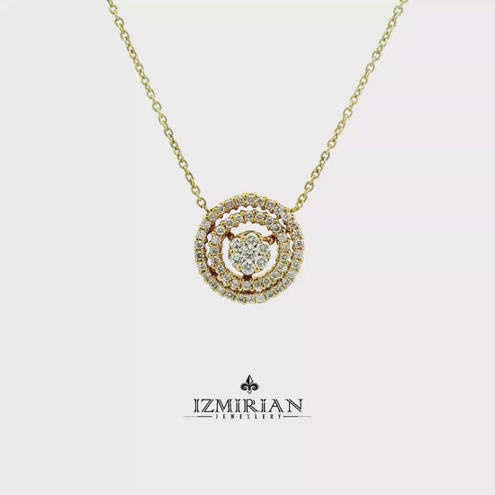 Yellow gold double halo diamond pendant necklace shown in motion