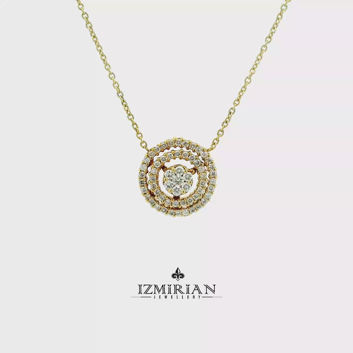 Yellow gold double halo diamond pendant necklace shown in motion