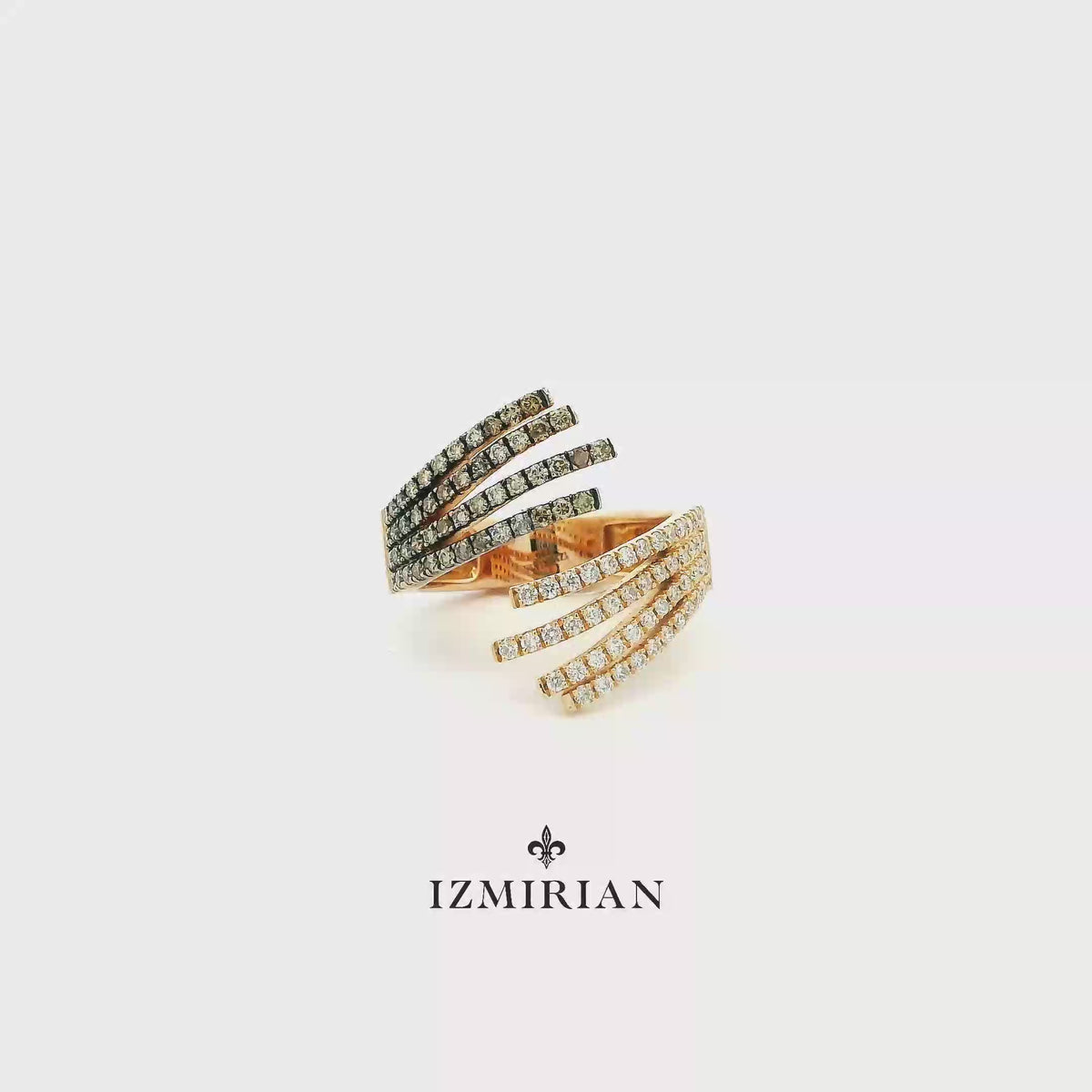 Black and white diamond open cuff ring in rose gold shown in motion