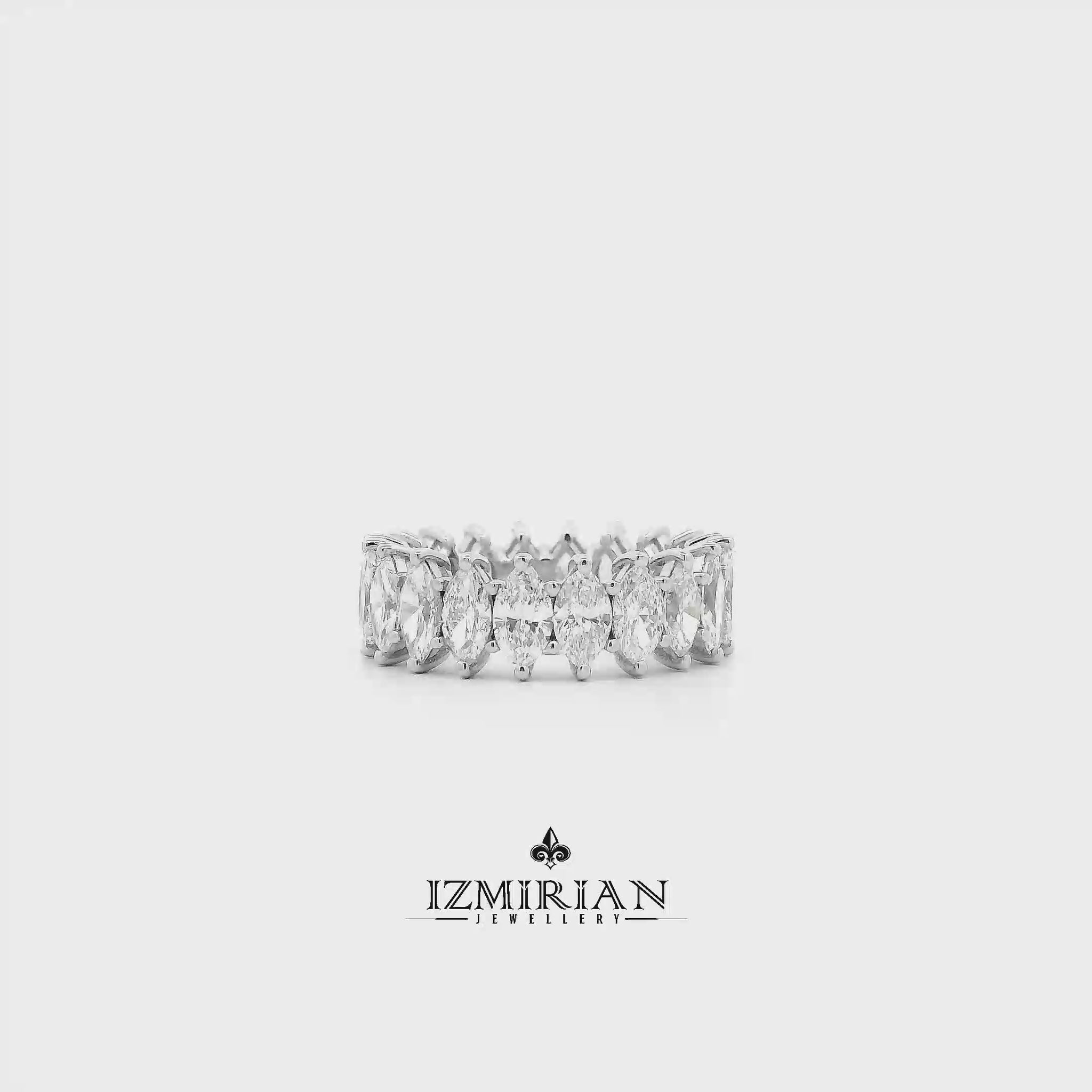 Marquise diamond eternity band in white gold shown in motion