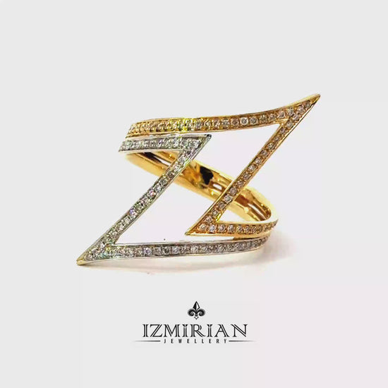 Zigzag open diamond ring in yellow and white gold shown in motion