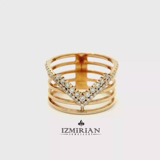 Diamond chevron multi-band ring in yellow gold shown in motion