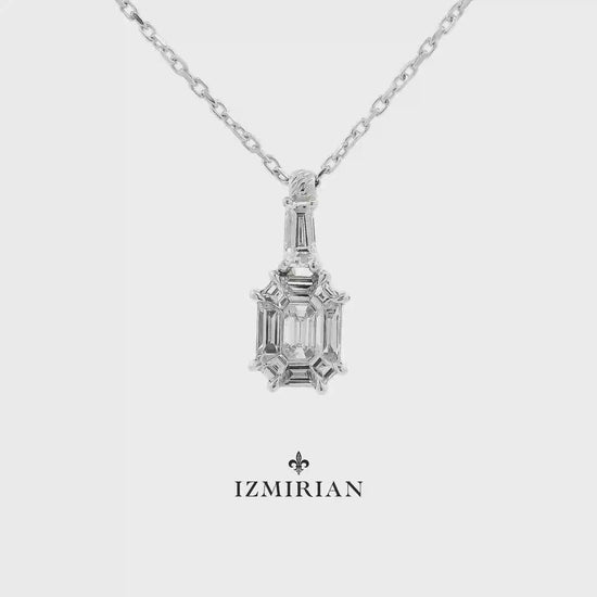 Emerald-cut diamond geometric pendant in white gold shown in motion