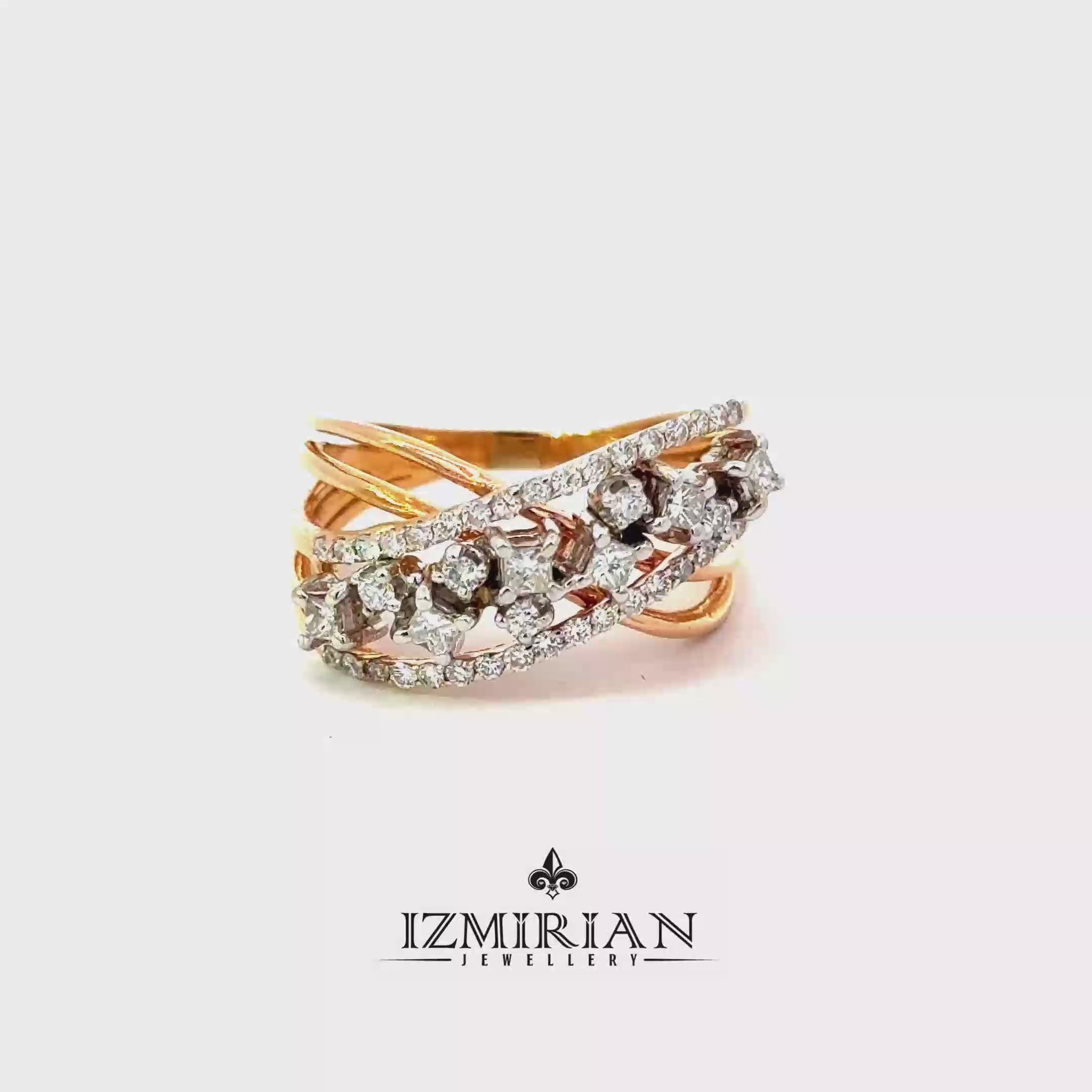 Multi-row diamond wrap ring in yellow gold shown in motion