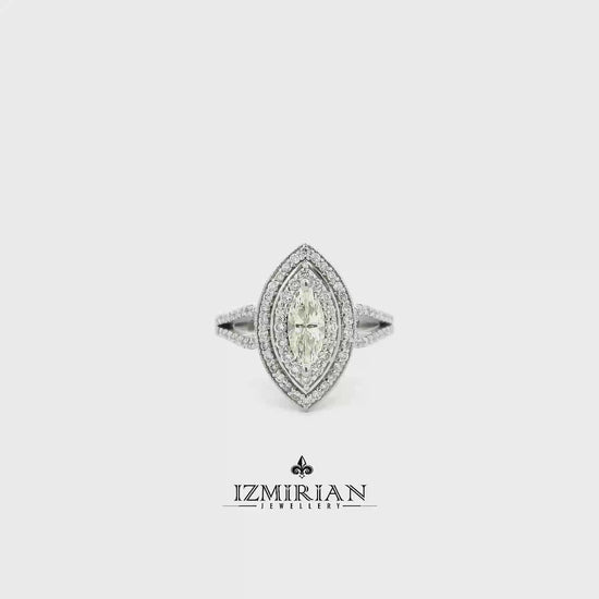 Marquise diamond double halo ring in white gold shown in motion