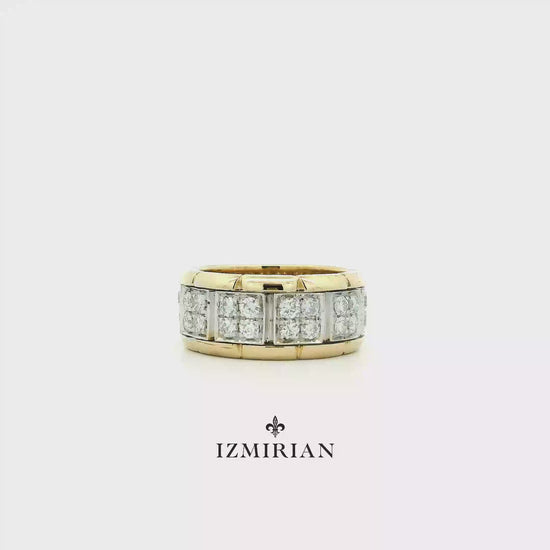 Two-tone yellow and white gold diamond band ring shown in motion