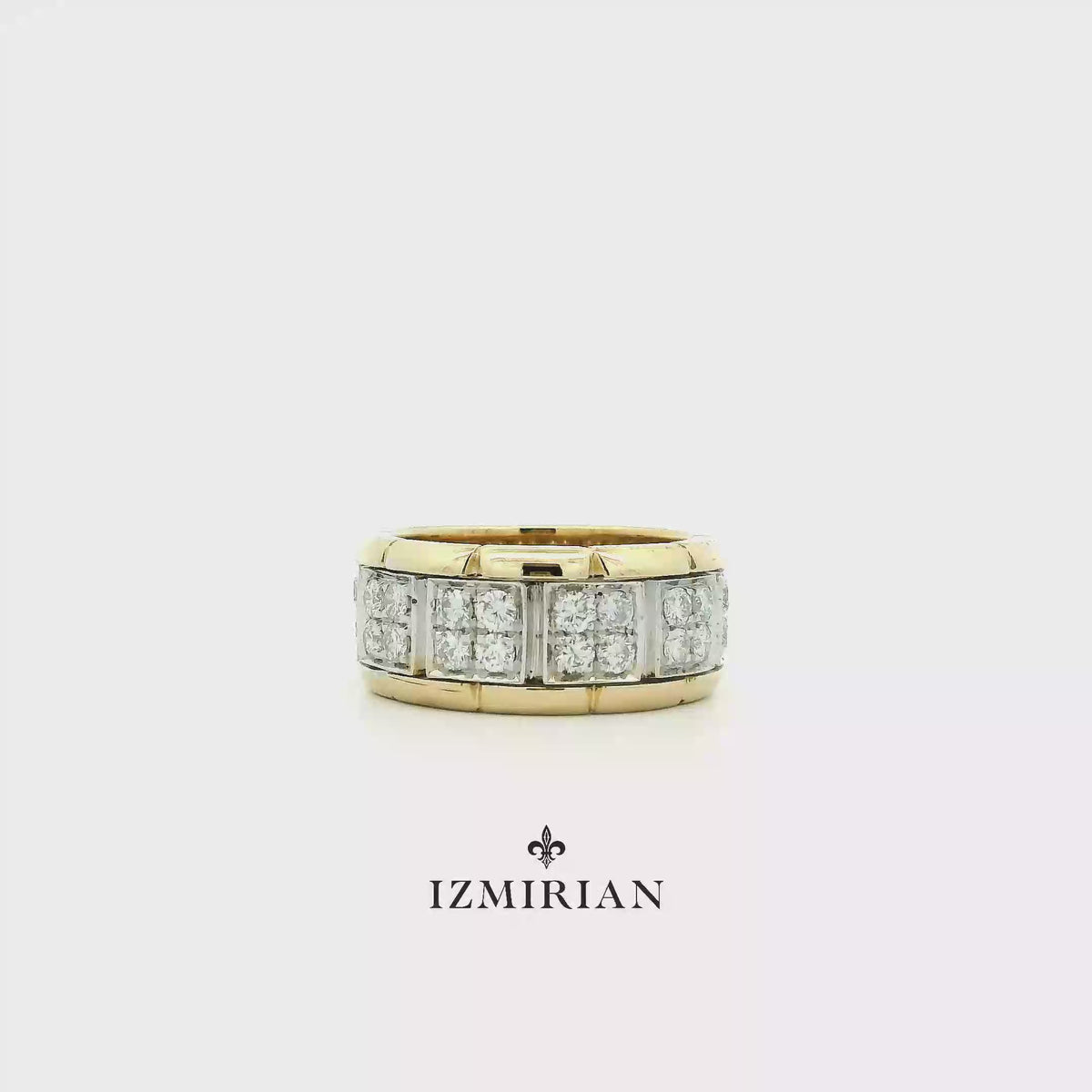 Two-tone yellow and white gold diamond band ring shown in motion